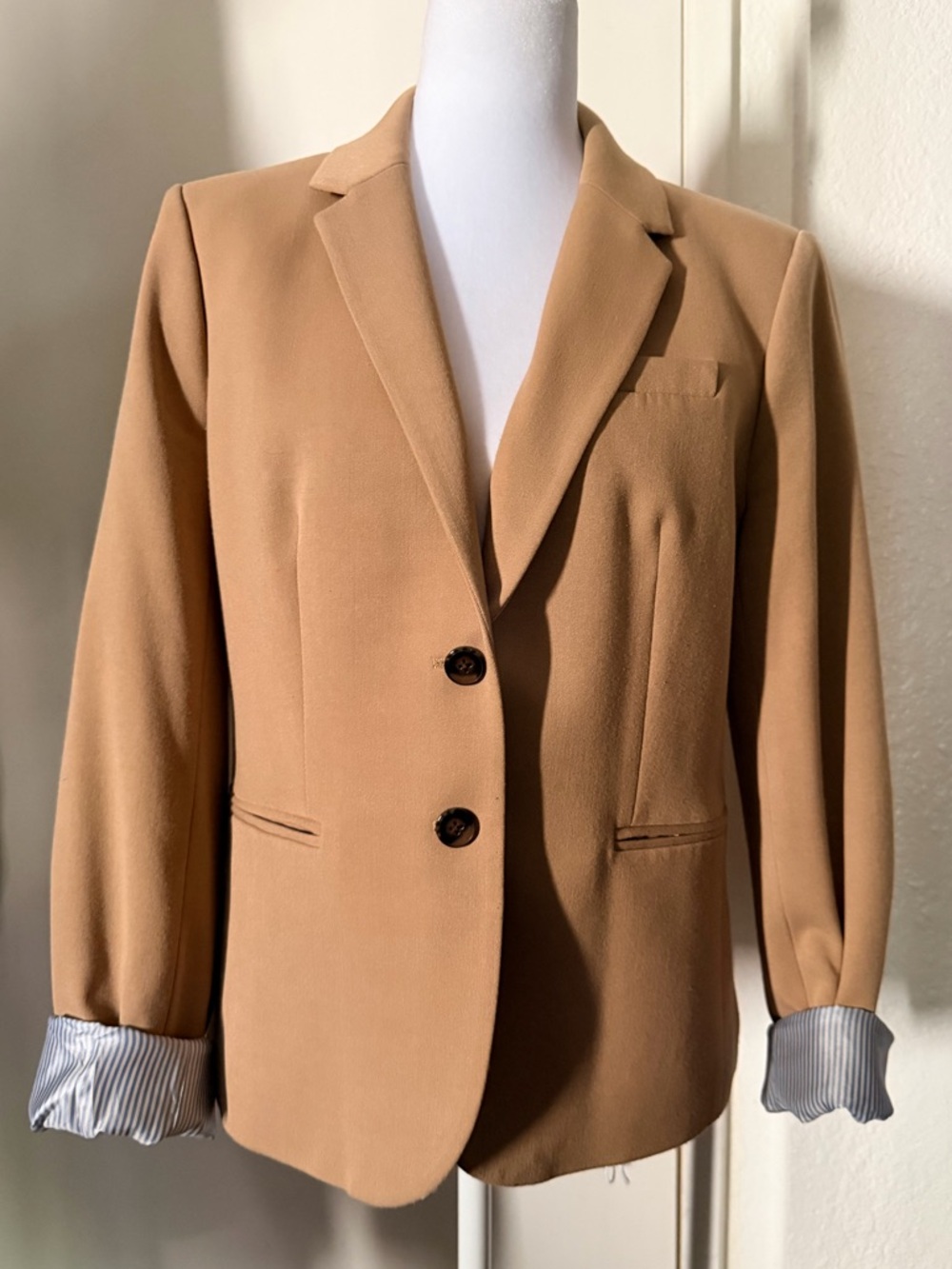 J. Crew Camel Blazer with Striped Cuff Detail